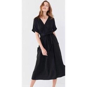 Urban Outfitters Gabrielle Midi Wrap Dress Black Linen Blend Preppy Retro Sz M